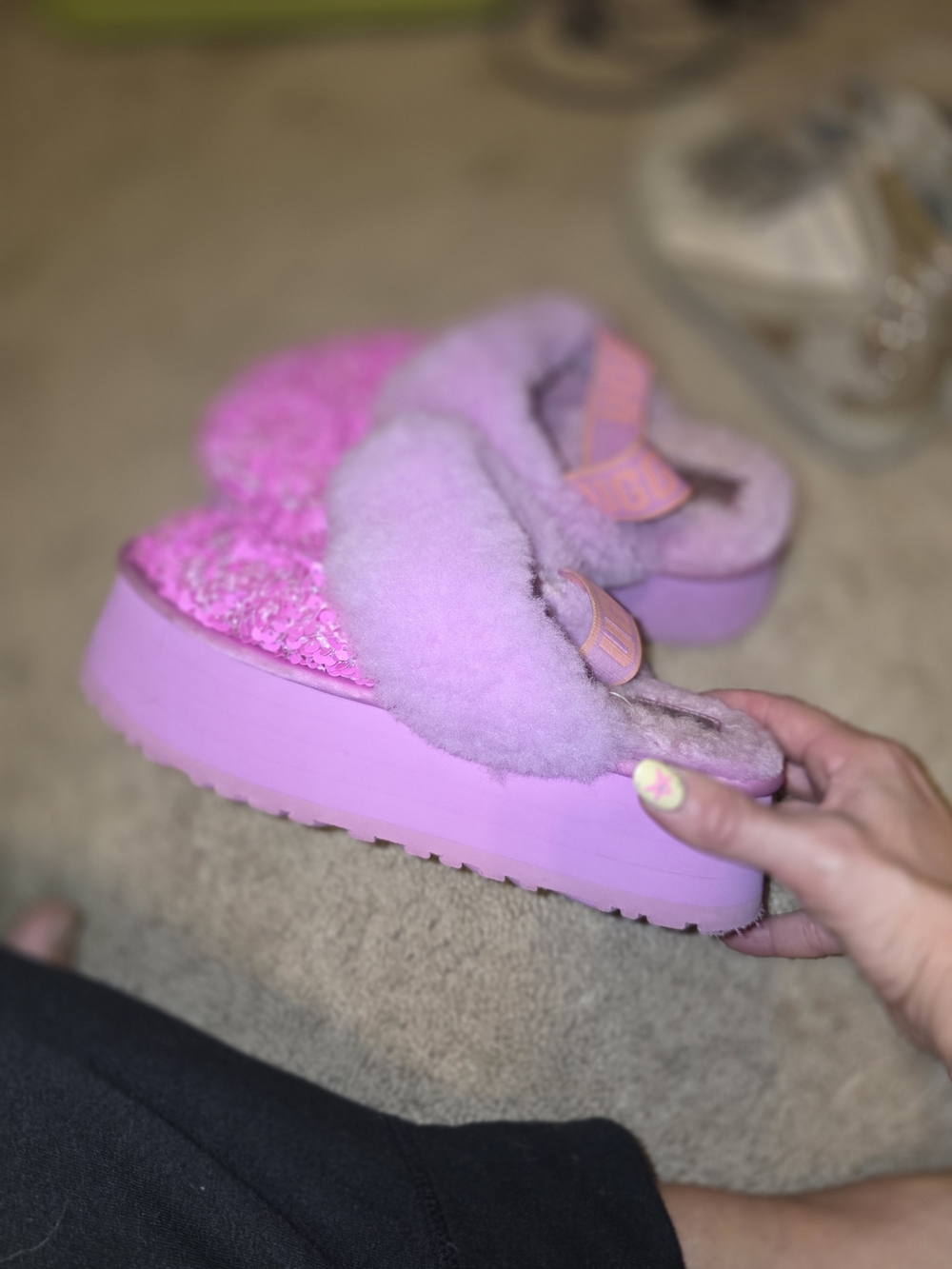 UGG Pink Plush Platform Slide Sandals